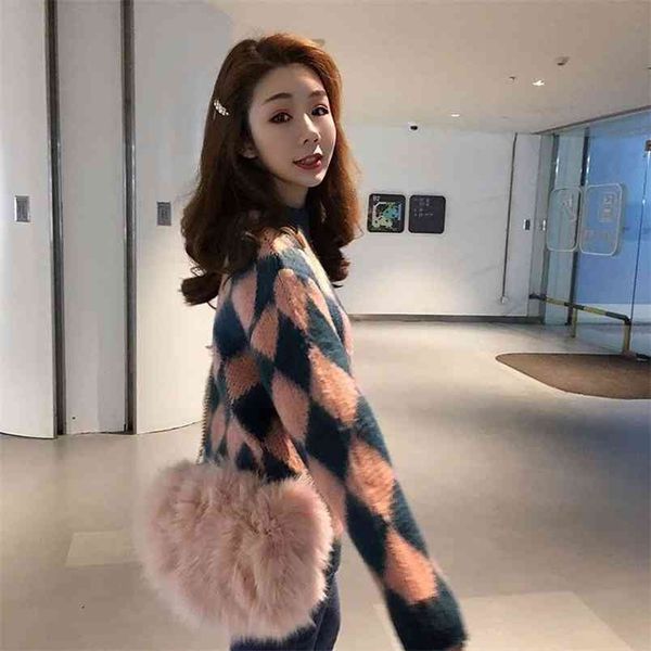 

lazy rhombus-shaped mohair sweater women autumn and winter net red pullover loose gentle wind 210427, White;black