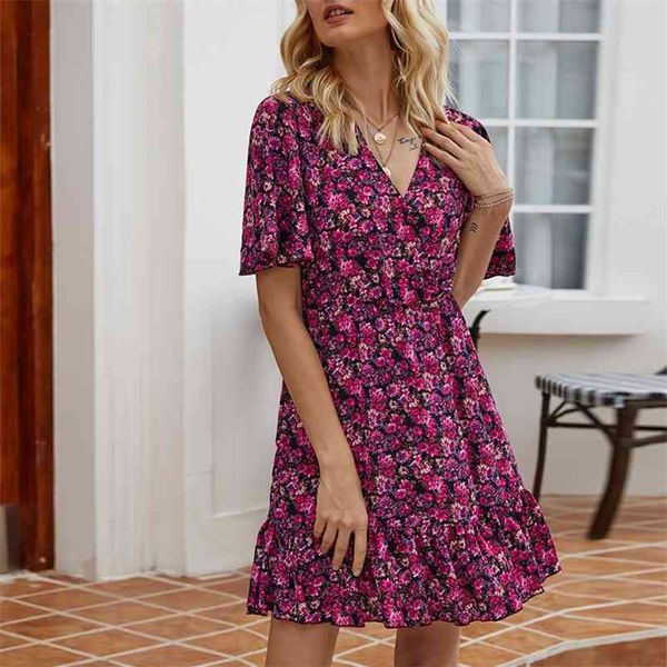

boho beach style mini dress vestido vintage floral print summer women short sleeve sundress chic elegante 210427, White;black