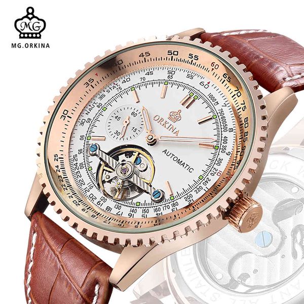 

mg orkina gentlemen watches fire luxury rose gold case rotating bezel tourbillion skeleton male clock automatic ring satellite, Slivery;brown