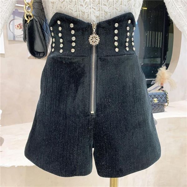 

women's shorts clothing 2021 autumn winter temperament high waist versatile zipper velvet pants, White;black