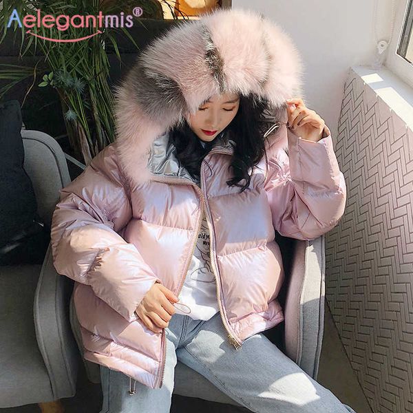 Aelegantmis Moda Beyaz Ördek Aşağı Parkas Kadın Kış Coat Kürk Hood Ile Kadın Boy Ceket Çift Yan Sıcak 210607