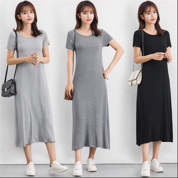 

modal knitted summer solid women dresses short sleeve o neck casual t shirt fashion plus size loose long vestidos maxi, Black;gray