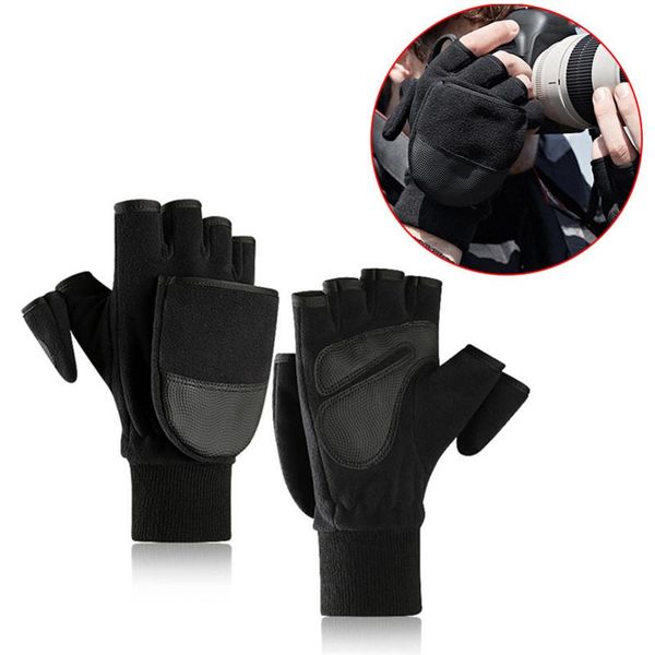 

cycling gloves winter flip glove warm fleece half-finger mittens fingerless outdoor hiking driving, Black