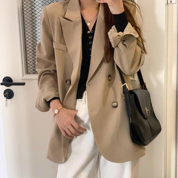 

women's suits & blazers [batino] spring 2021 solid color casual blazer coat loose double breasted long sleeve suit, White;black