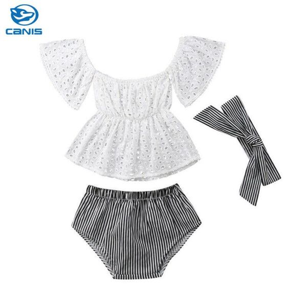 

born toddler infant baby girls lace off shoulder stripe shorts headband 3pcs outfits sunsuit clothes clothing sets, White