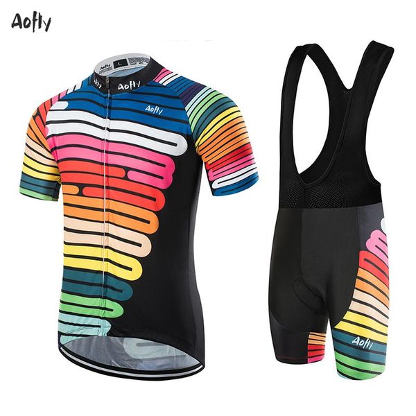 

racing sets aofly rainbow cycling team jersey 9d bike shoulder strap shorts set mtb ropa mens summer quick dry road race pro men shirts, Black;blue