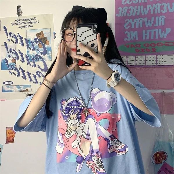 

gothic clothes loose t shirts harajuku style print anime tshirt streetwear female short sleeve woman t-shirt e girl women's, White