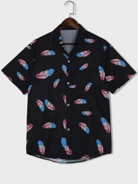 

romwe guys allover leaf print curved hem shirt f5sx#, White;black