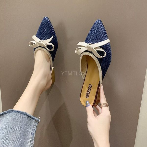 

spring and summer women's shoes pointed bow slippers square heel zapatillas mujer casa sapatos femininos, Black