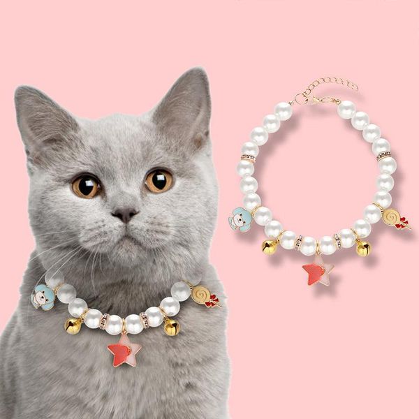 

cat collars & leads fashion adjustable pearl collar with bell perros beads necklace star lip pendant pet kitten accessories para gato