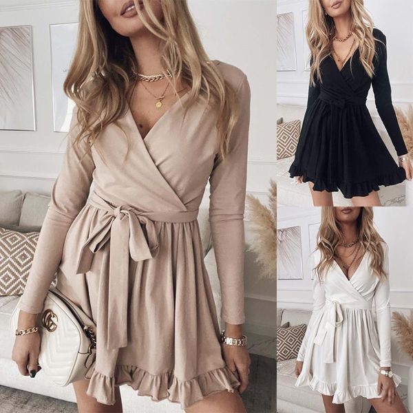

casual dresses women basic spring autumn dress bandage long sleeve plus size s~3xl, Black;gray
