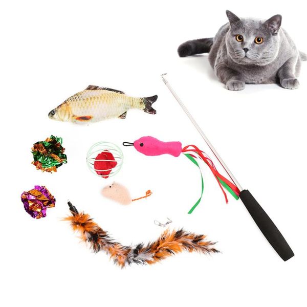 

cat toys 8pcs 3 section wand sound paper fish training teaser funny playing