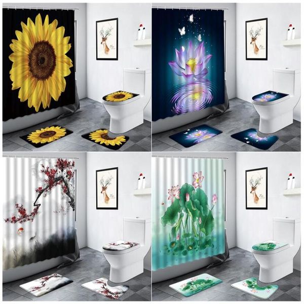 

shower curtains lotus sunflower flowers curtain set bathroom carpet creative floral green plant decor non-slip rug toilet cover bath mats