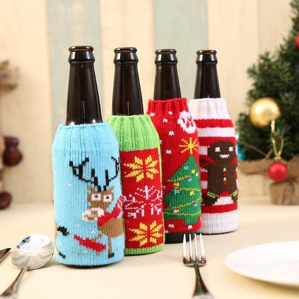 2021 neue Weihnachten gestrickte Weinflaschenabdeckung Partybevorzugung Weihnachten Bier Weine Taschen Santa Schneemann Elch Bierflaschen Abdeckungen Großhandel