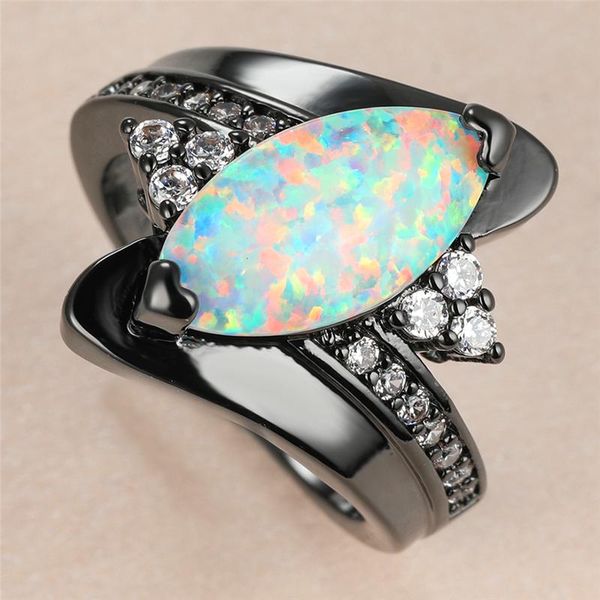 

wedding rings luxury female white leaf opal ring charm 14kt black gold thin for women punk bride round zircon engagement, Slivery;golden