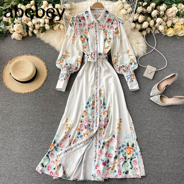 

retro print maxi dress women chic turn-down collar puff sleeve button autumn split a-line floral long robe 210512, Black;gray