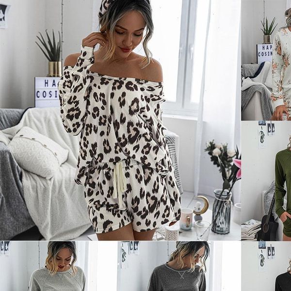 

leopard print set pajamas blouse womens sleepwears drawstring pockets shorts plus size short pant homewear nightwear, Black;red