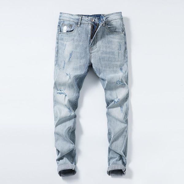 

luren jeans for men european station stretch hole men's slim skull printed graffiti fashion brand tappered pants, Blue