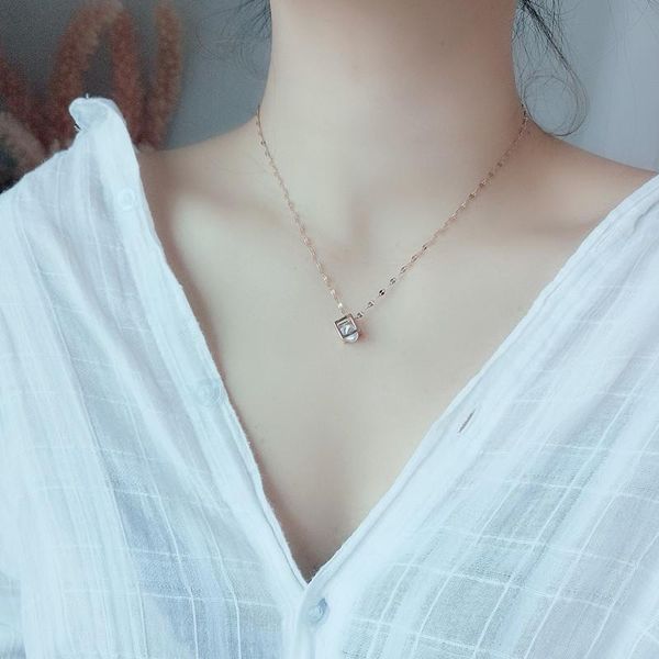 

korean rose gold cubic zirconia geometric cube pendant necklace for women girls elegant fashion party necklace jewelry, Silver