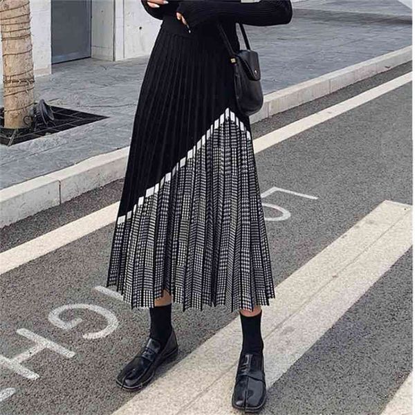 

zawfl winter women's fashion houndstooth midi skirt female high waist pleated knitted thick black warm skirts 210619