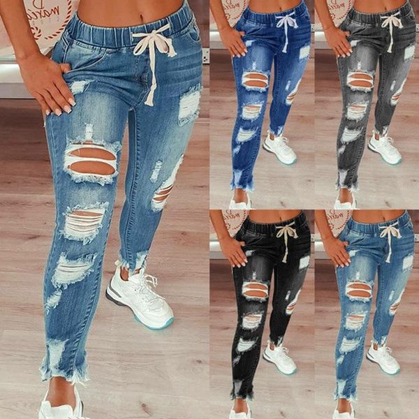 

women's jeans women drawstring elastic waist aestheticjeans ripped hole denim pants mid casual washed bleached pencil trousers, Blue