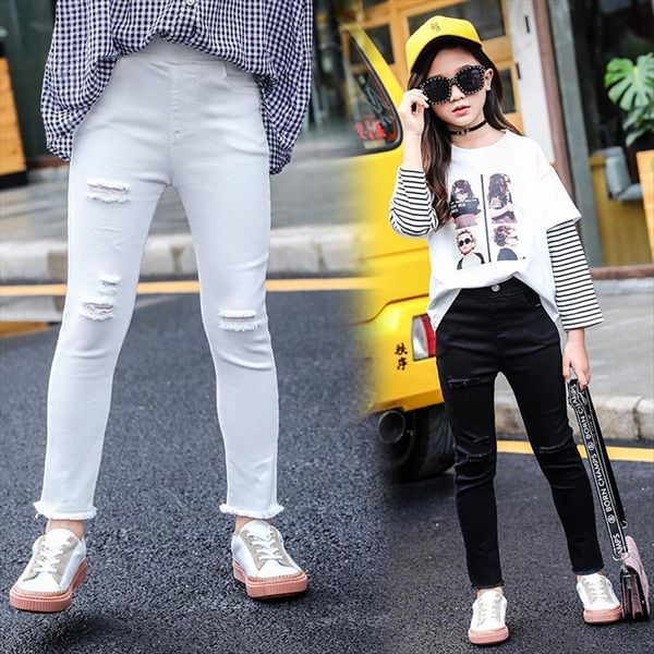 

spring girls pants cotton pure color white trousers for teenage school summer children hole leggings pencil, Blue