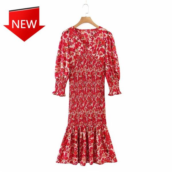 

Casual Dresses Red Long Women Elegant V-Neck Puff Sleeve High Waist Dress Lady Floral Print Summer Fashion Elastic, Black;gray