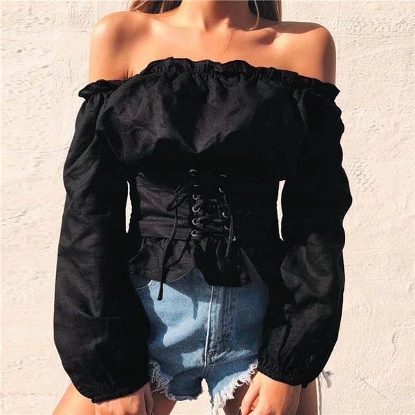 

zebery ruffled slash neck long sleeve women's shirt solid casual belt with flare blouse tight blouses & shirts, White