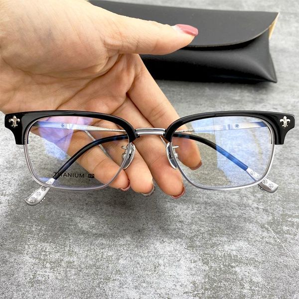 

fashion sunglasses frames crosin glasses frame personalized silver plate half high myopia pure titanium small face men's flat lens cust, Black