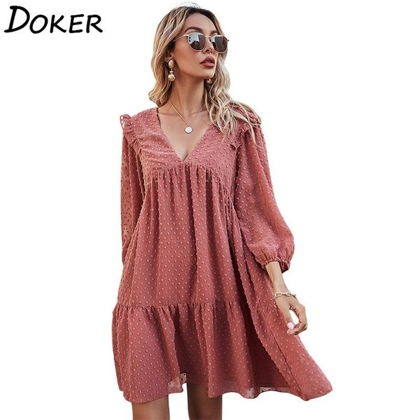 

chiffon mini dress for women summer fashion v neck lantern sleeve plus size casual boho beach ruffle ladies party dresses 210423, Black;gray