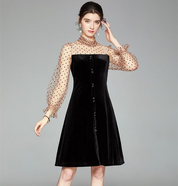

autumn runway dress vintage women long sleeve polka dot mesh patchwork velvet beading ladies black knee vestidos casual dresses, Black;gray
