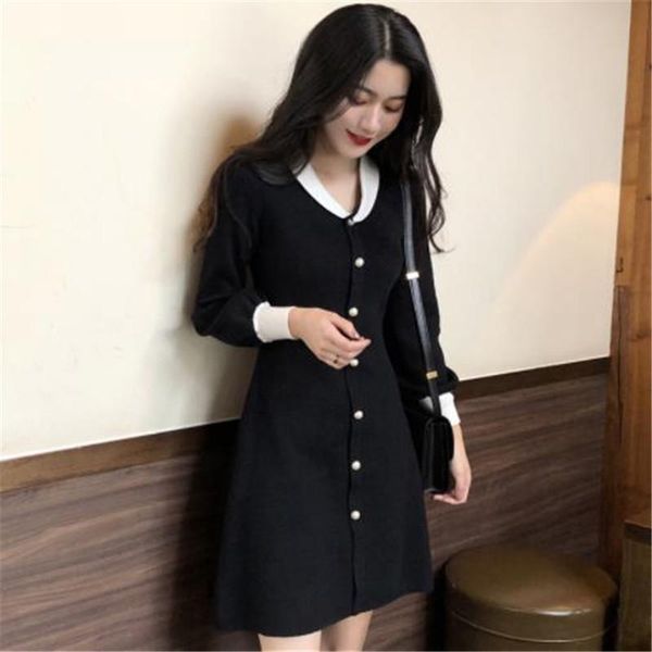 

casual dresses women vintage front button a-line dress long sleeve solid elegant mini 2021 spring autumn fashion basic m303, Black;gray