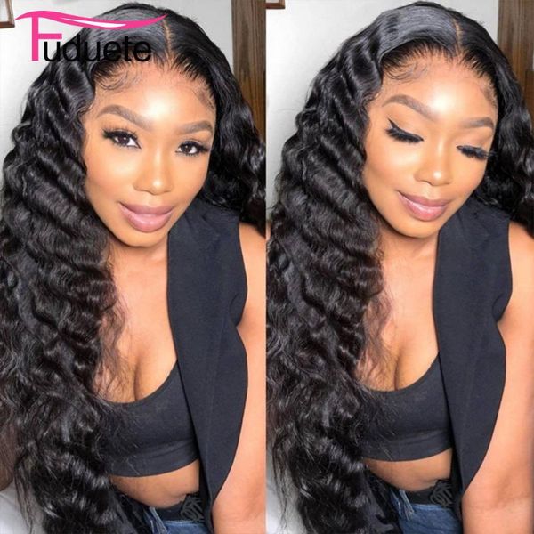 

fuduete 28 30 40inch 4x4 closure wig human hair wigs for black women deep wave lace long remy brazilian, Black;brown