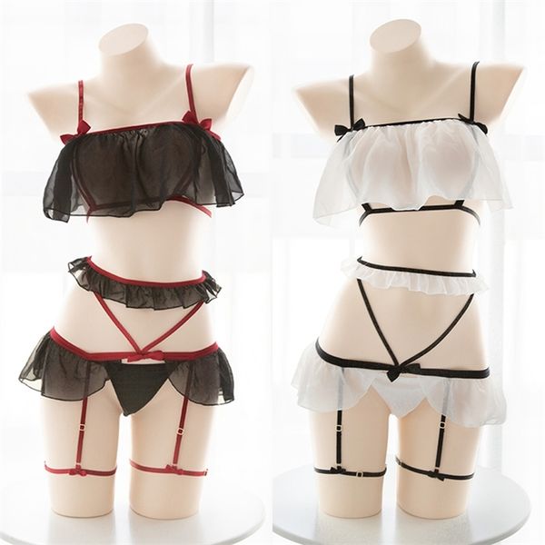 

anime lolita girls lace lingerie uniform temptation cosplay costumes outfit erotic chiffon cute soft exotic sets, Black;white