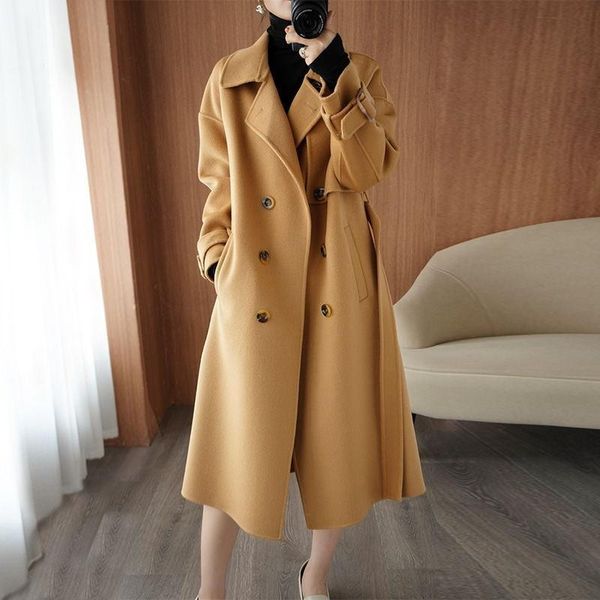 

women's wool & blends autumn and winter 2021 suit collar double-sided cashmere coat medium long loose thickened, Black