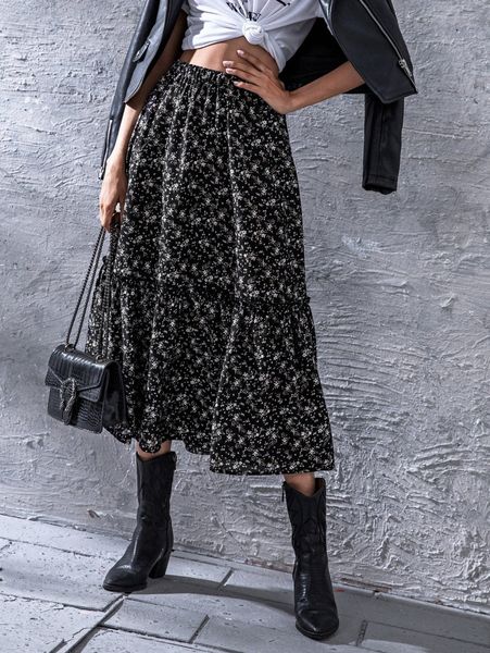 

ditsy floral frill trim flared skirt 30x5#, Black