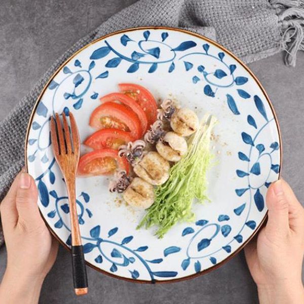

dishes & plates japanese ceramic tableware retro underglaze color hand-painted blue and white hook rattan plate household round dish pickl