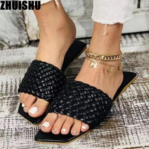 

weave women slippers 2021 summer large size square head soft sole comfortable slides casual non-slip flats shoes, Black