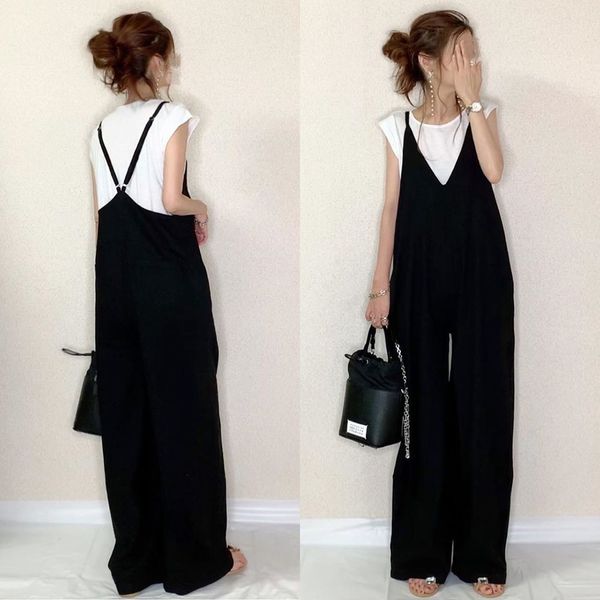 

jumpsuit women 2021 spring sling loose bf tide straight wide-leg pants casual overalls trousers fashion simple young school new, Black;white
