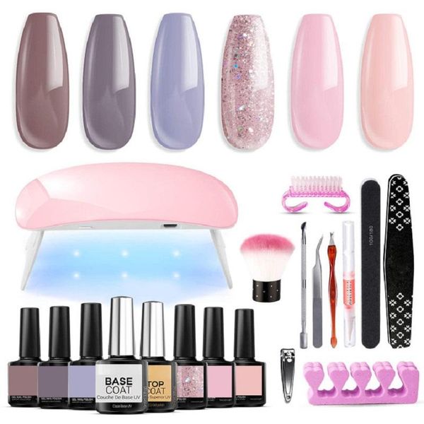 

nail art kits gel polish kit with uv light 6w dryer lamp 6pcs base and coat, tools, portable starter