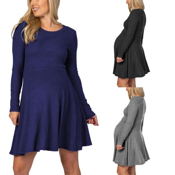 

maternity clothes casual round neck long sleeve knee length pregnancy dresses bodycon dress for daily wearing or baby shower, White