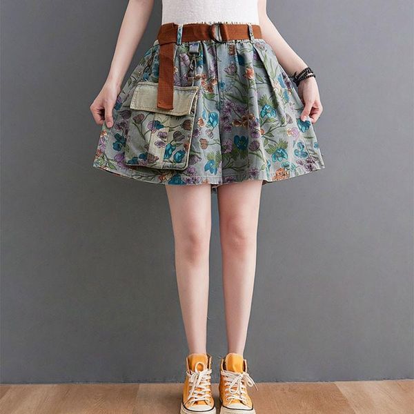 

women's shorts 2021 fashion streetwear floral print elastic waist loose women summer casual jeans female patchwork pocket denim, White;black