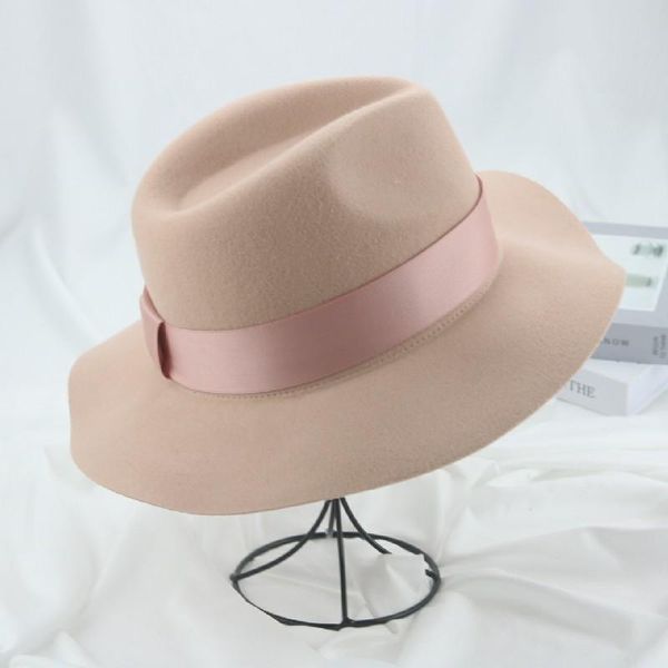 

wide brim hats wool hat fedora solid ribbon band pink grey luxury women's outdoor soft dress formal wedding decorate sombreros de mujer, Blue;gray