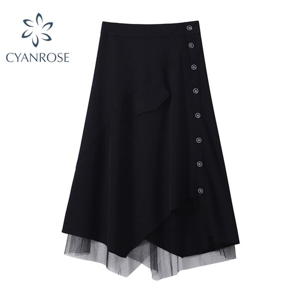 

mesh spliced high waist fluffy skirts clothes women streetwear fashion single breasted design harajuku tide buttoms 210430, Black