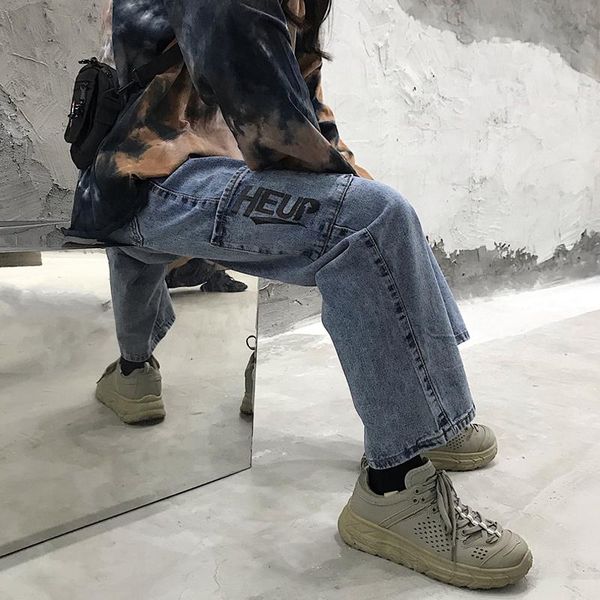 

vintage patchwork harajuku straight denim streetwear wide leg pants women trousers high waist jeans women's, Blue