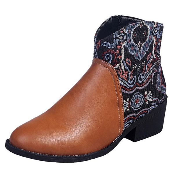 

boots retro women suqare heels zipper embroidery short booties round toe shoes patchwork pu ankle ladies autumn winter, Black