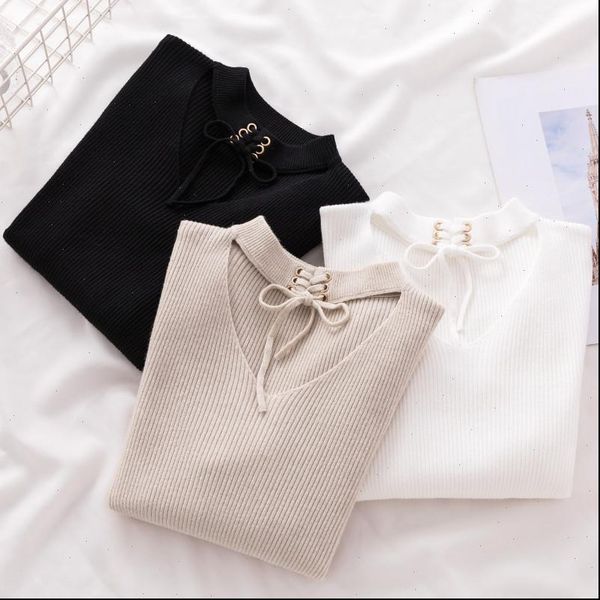 

womens sweaters women pullover sweater winter v neck hollow long sleeve knitted stretch solid casual slim jumpers pull femme, White;black
