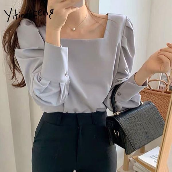 

women's blouses & shirts yitimuceng simple blouse women button up casual shirt korean fashion long lantern sleeve square collar loose, White
