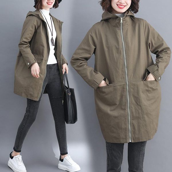 

women's trench coats army green black coat female spring autumn long sleeve hooded zipper large size mid-length windbreaker outerwear, Tan;black
