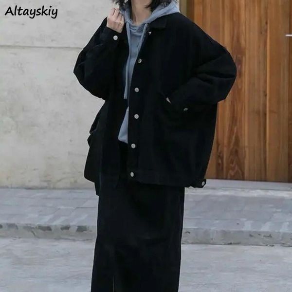 

basic jackets women simple retro turn-down collar loose trendy pockets cargo style korean chic female ulzzang coats women's, Black;brown